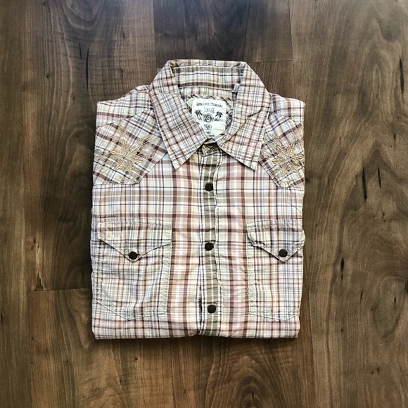 Guess Mens Long Sleeve Shirt- Plaid Tan and Brown - Picture 7 of 7